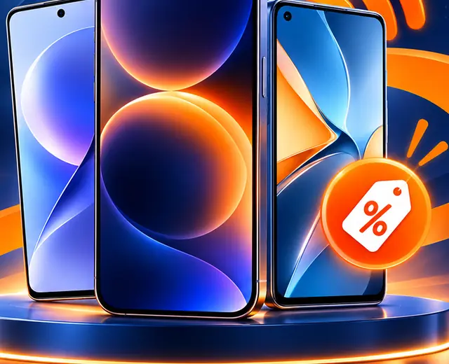 Modern smartphones displayed in Harry Center UK's blue and orange visual style